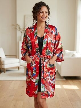 EUC Satin Floral Red Kimono Robe with Tie Waist